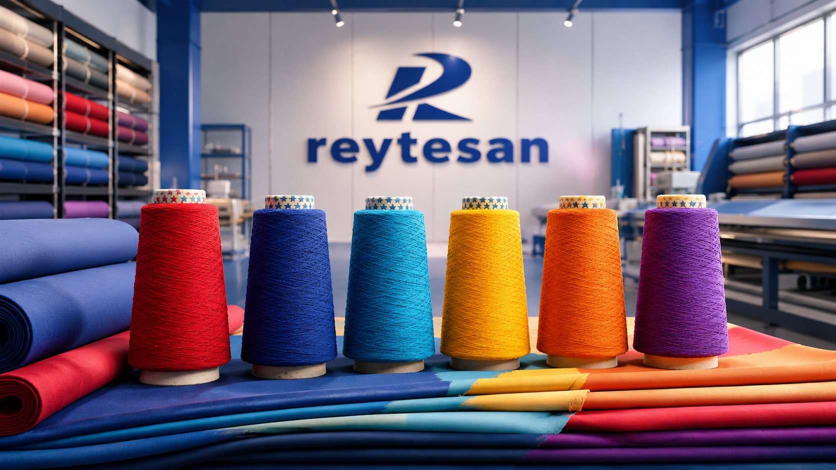 Reytesan showroom — boyalı iplik bobinleri